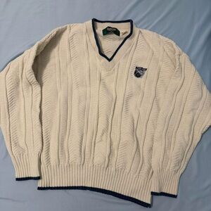 Dunbrooke Cream V-Neck Cable Knit Sweater with Navy Trim